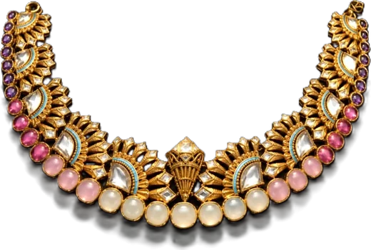 A gold necklace from Adhyantara, set with pink stones and pearls