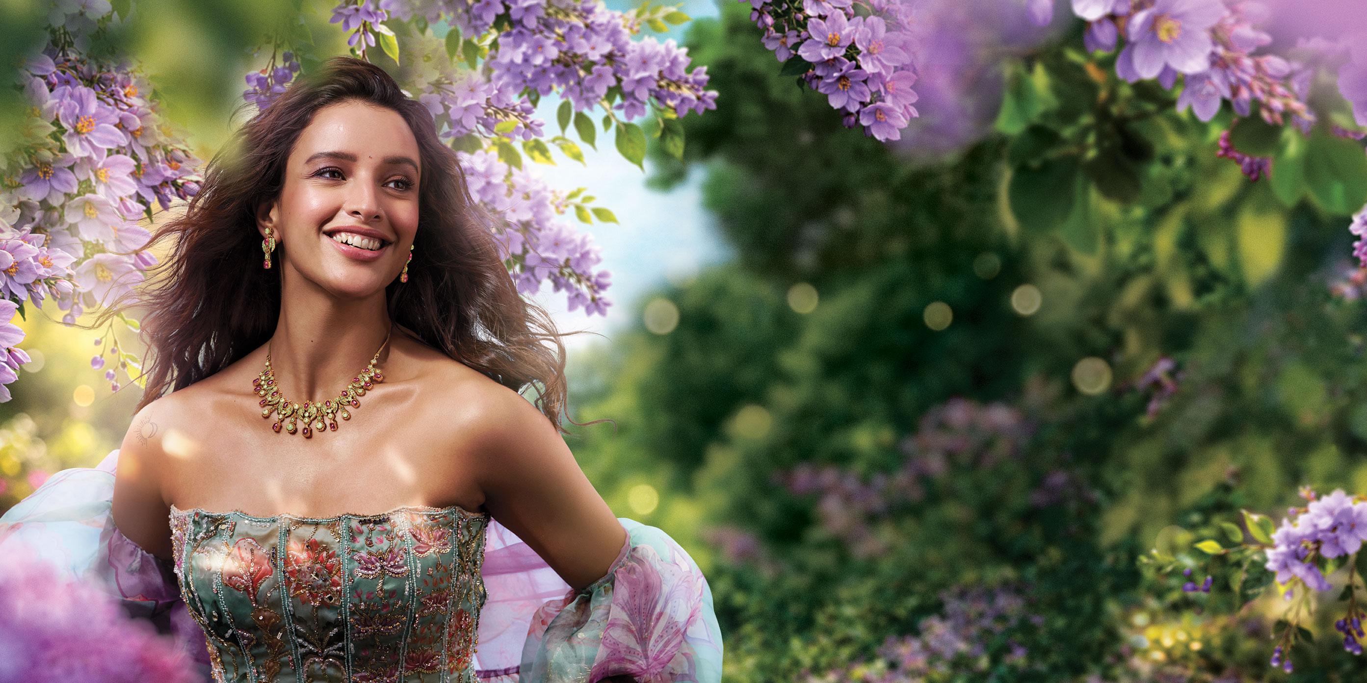 Close-up model portrait with gemstone pendant
