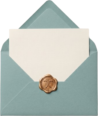 An open envelope in soft teal-blue with a golden wax seal
