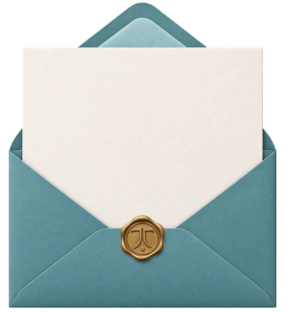 Open teal envelope holding a blank ivory invitation card